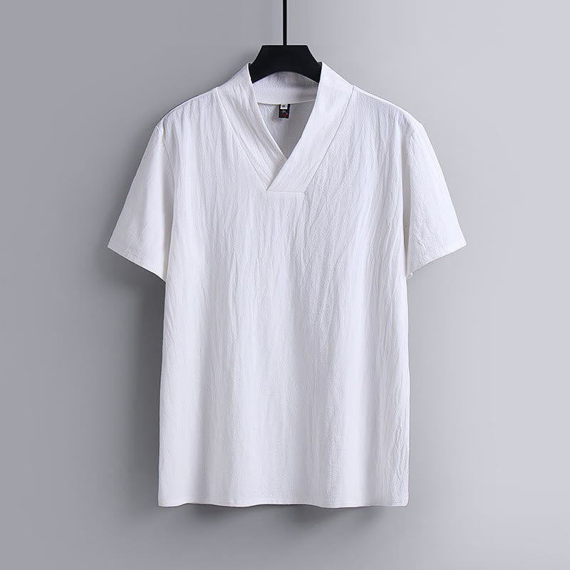 Loose Men's T-Shirt Solid Color Top Short Sleeve V Collar Breathable Linen Shirt