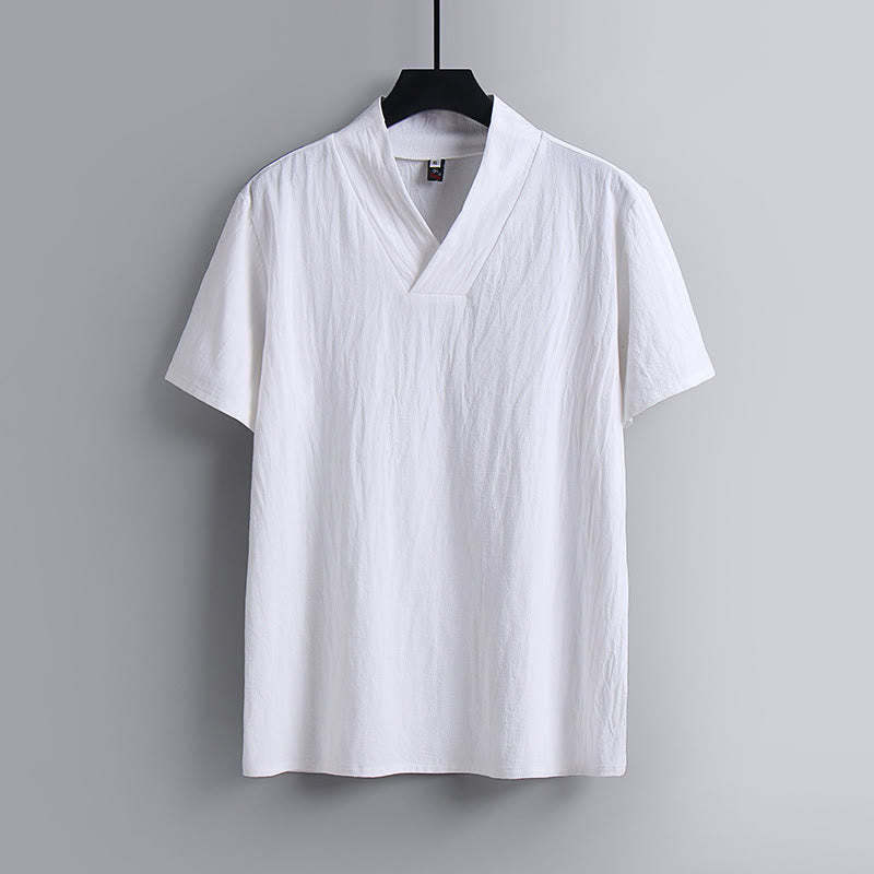 Loose Men's T-Shirt Solid Color Top Short Sleeve V Collar Breathable Linen Shirt
