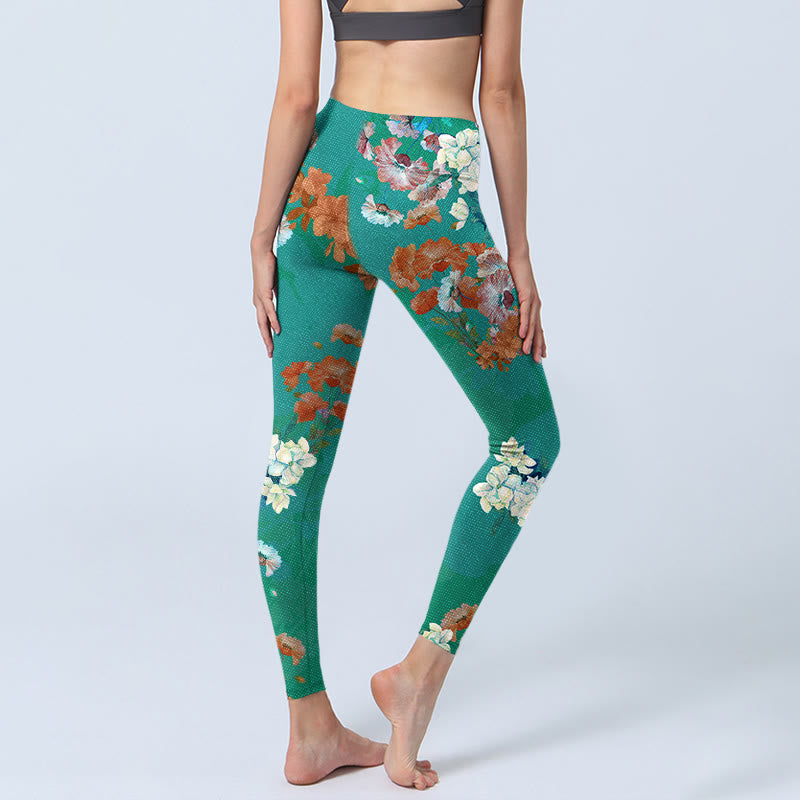 Green Orange Beige Floral Print Gym Leggings Women's Yoga Pants