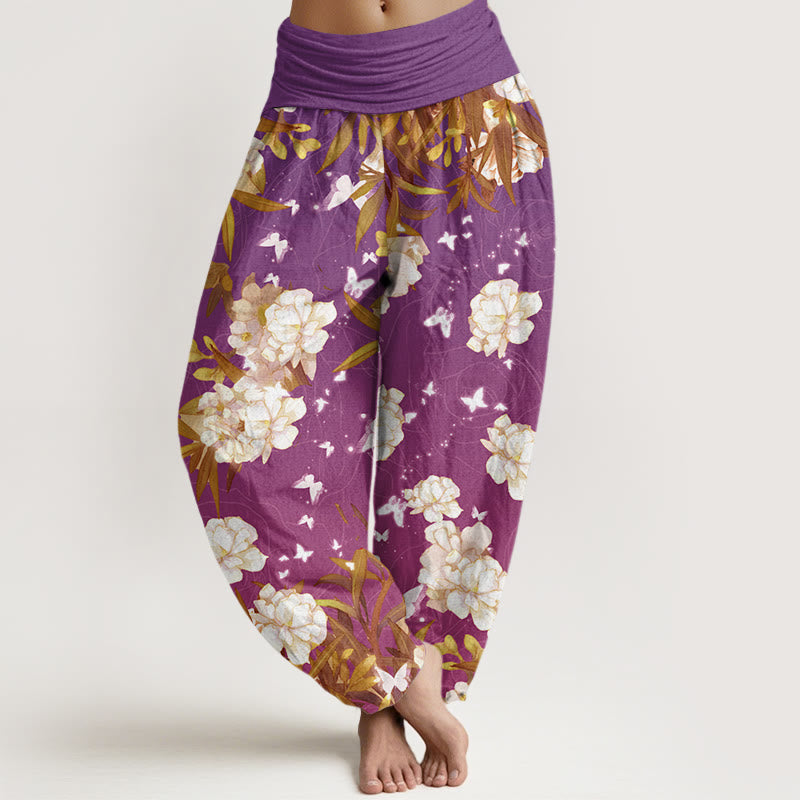 Casual White Flowers Women's Elastic Waist Harem Pants