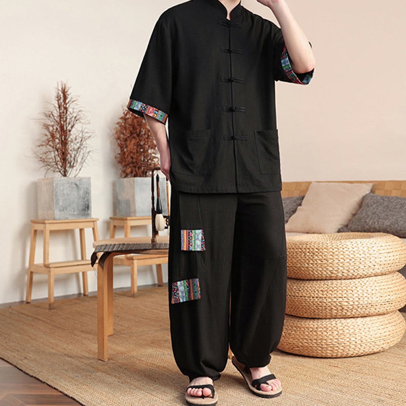 2Pcs Patchwork Chinese Frog-Button Shirt Wide Leg Pants Men's Meditation Cloth Set With Pockets