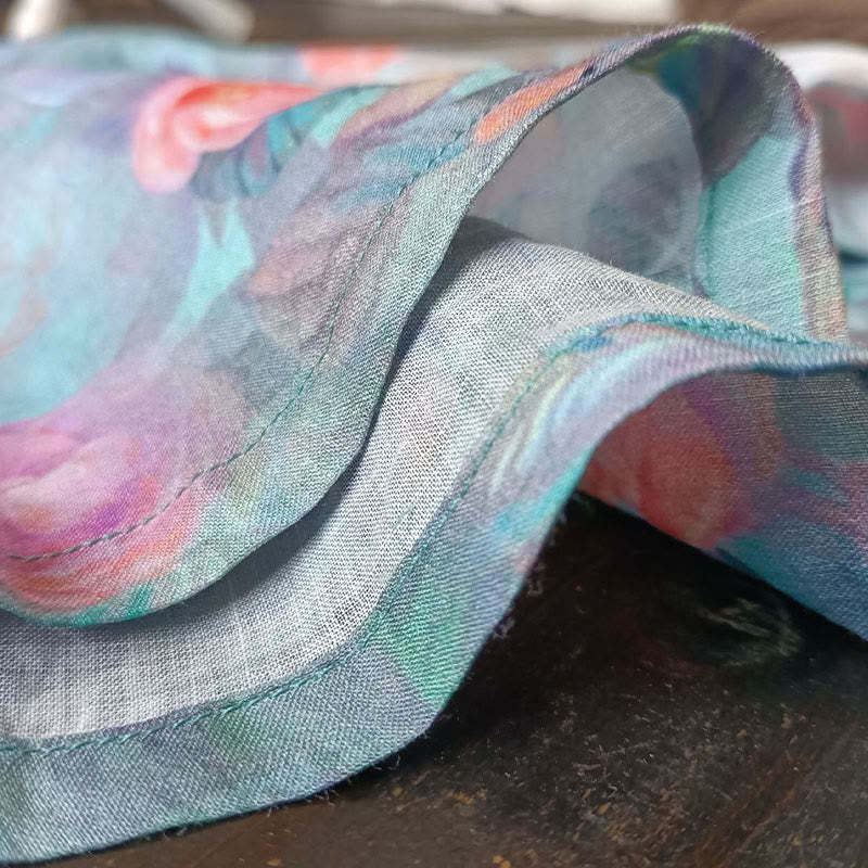 Pink Flowers Green Leaves Print Frog-button Design Long Sleeve Ramie Linen Jacket Shirt