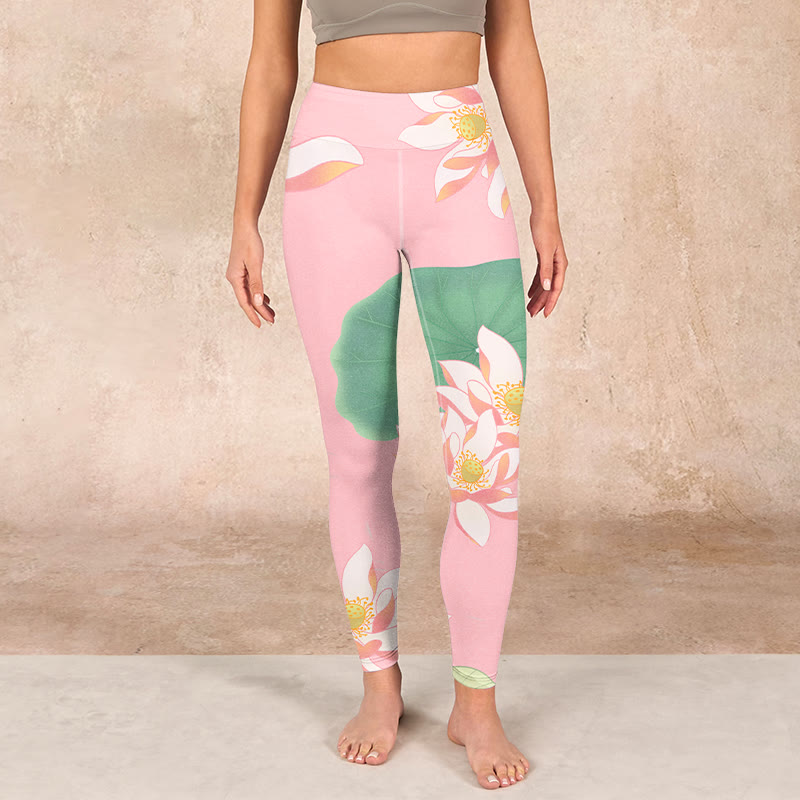 Pink Lotus Flower Leaf Print Gym Fitness Leggings Women's Yoga Pants