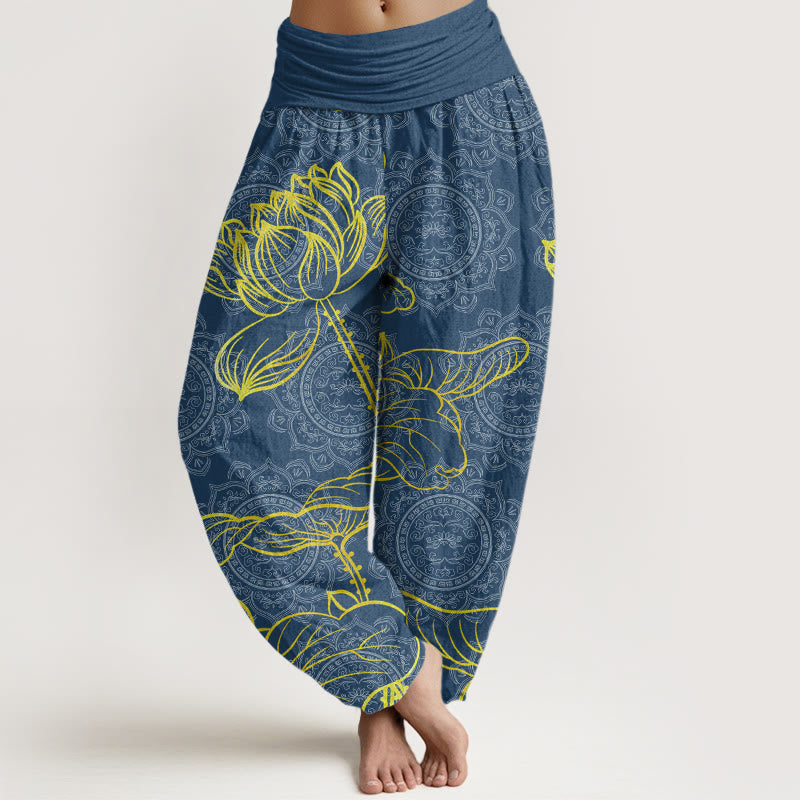 Golden Lotus Mandala Pattern Women's Elastic Waist Harem Pants