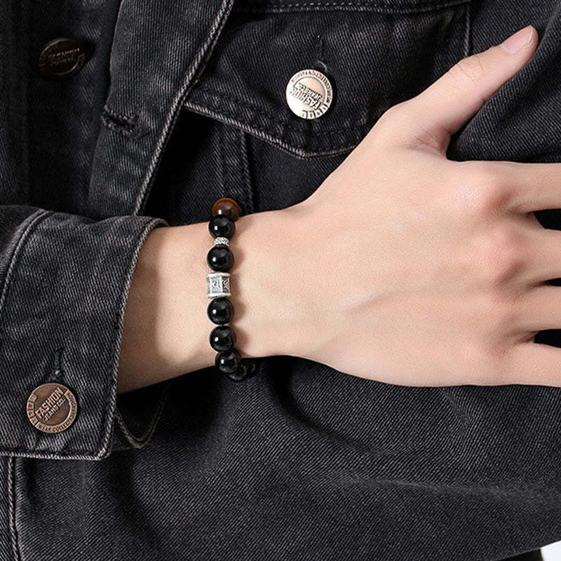 999 Sterling Silver Black Obsidian Tiger Eye Om Mani Padme Hum Fulfillment Bracelet