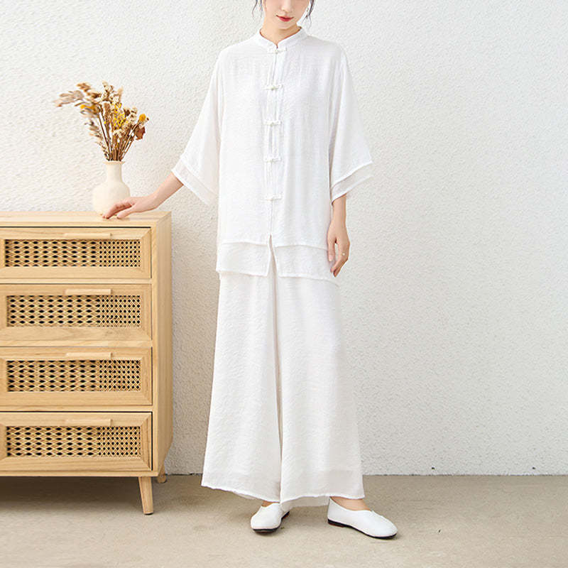 2Pcs Simple Chinese Frog Button Design Top Pants Meditation Yoga Zen Tai Chi Cotton Clothing Women's Set