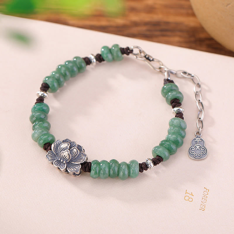 925 Sterling Silver Natural Jade Lotus Luck Peace And Joy Bracelet