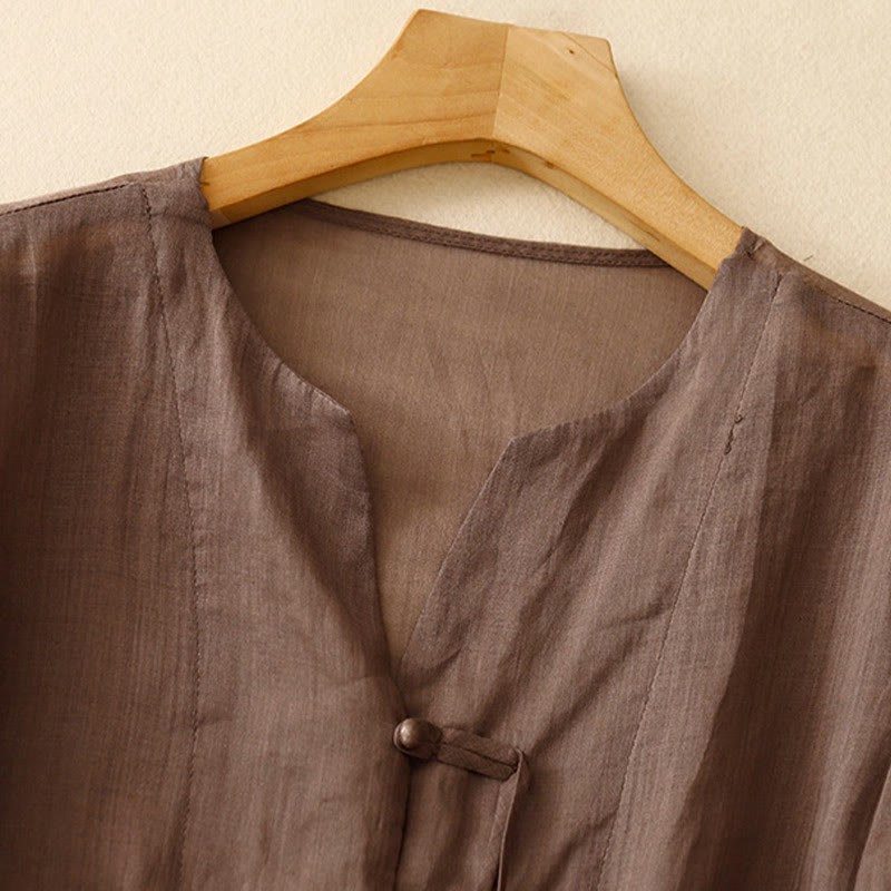 Casual Women's V-Neck Design Half Bell Sleeve Cotton Linen Cardigan Shirt