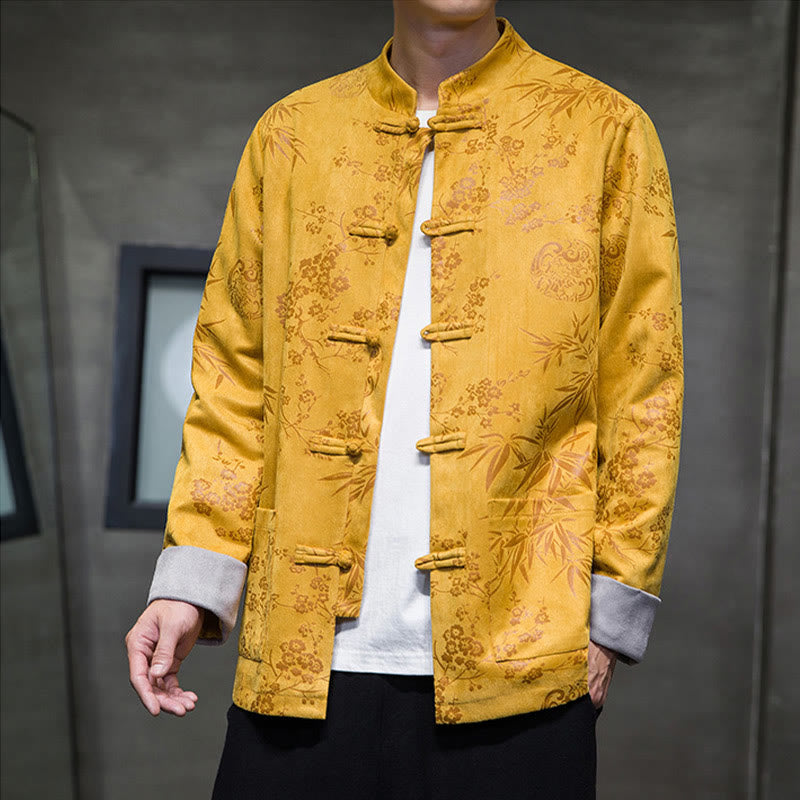 Chinese New Year Clothes Flowers Bamboo Solid Color Cuff Frog-button Tang Suit Cotton Men's Jacket Shirt With Pockets