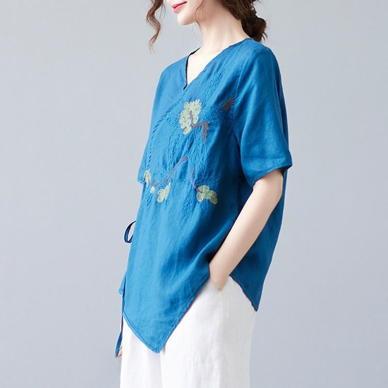Summer Casual Ethnic Embroidery Flower Lace-up Short Sleeve V-neck Cotton Linen Women's T-Shirt