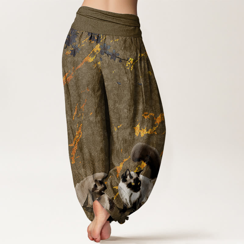 Siamese Cats Flower Coin Pattern Women's Elastic Waist Harem Pants