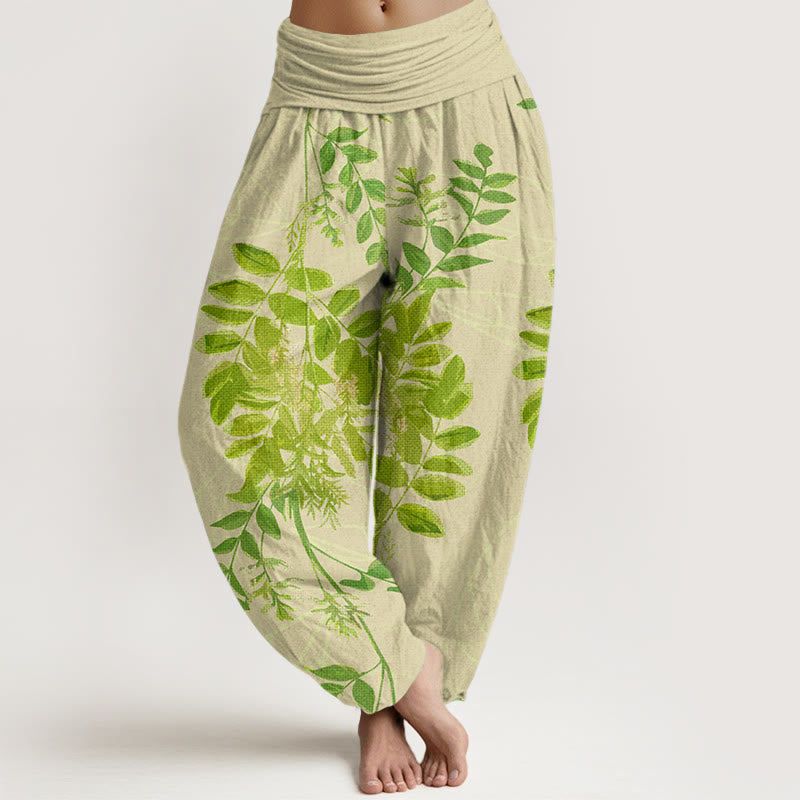 Green Leaves Branches Women's Elastic Waist Harem Pants