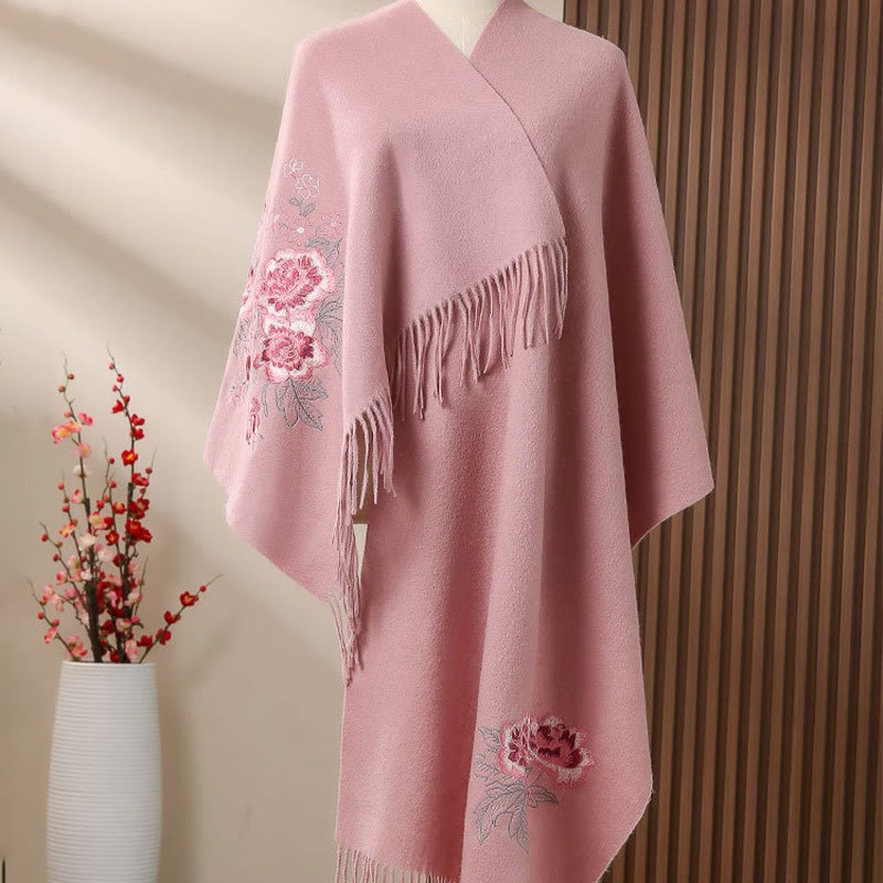 Wool Shawl Red Peony Embroidery Tassel Winter Cozy Travel Scarf Wrap