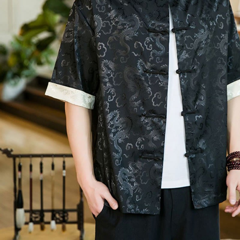 Chinese Tang Suit Frog-button Dragon Print Men's Half Sleeve Shirts