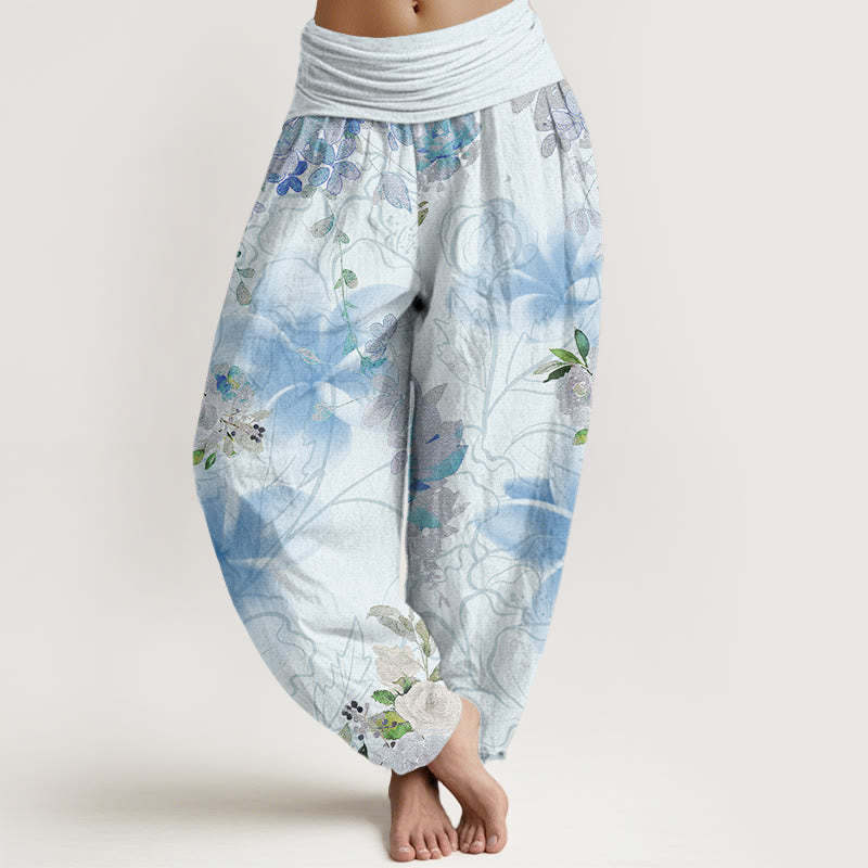 Various Flowers Leaves Pattern Women's Elastic Waist Harem Pants