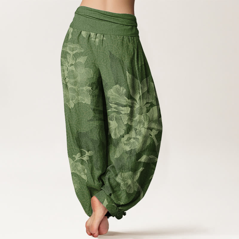 White Flowers Pattern Women's Elastic Waist Harem Pants