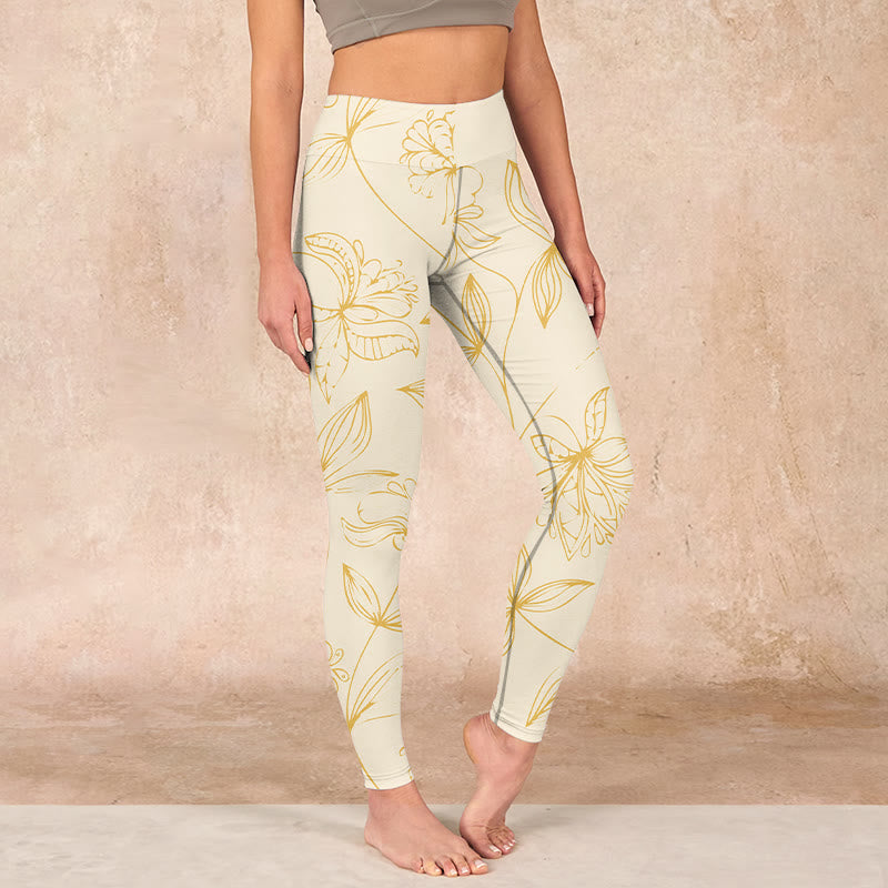 Beige Flower Vine Print Gym Leggings Women's Yoga Pants