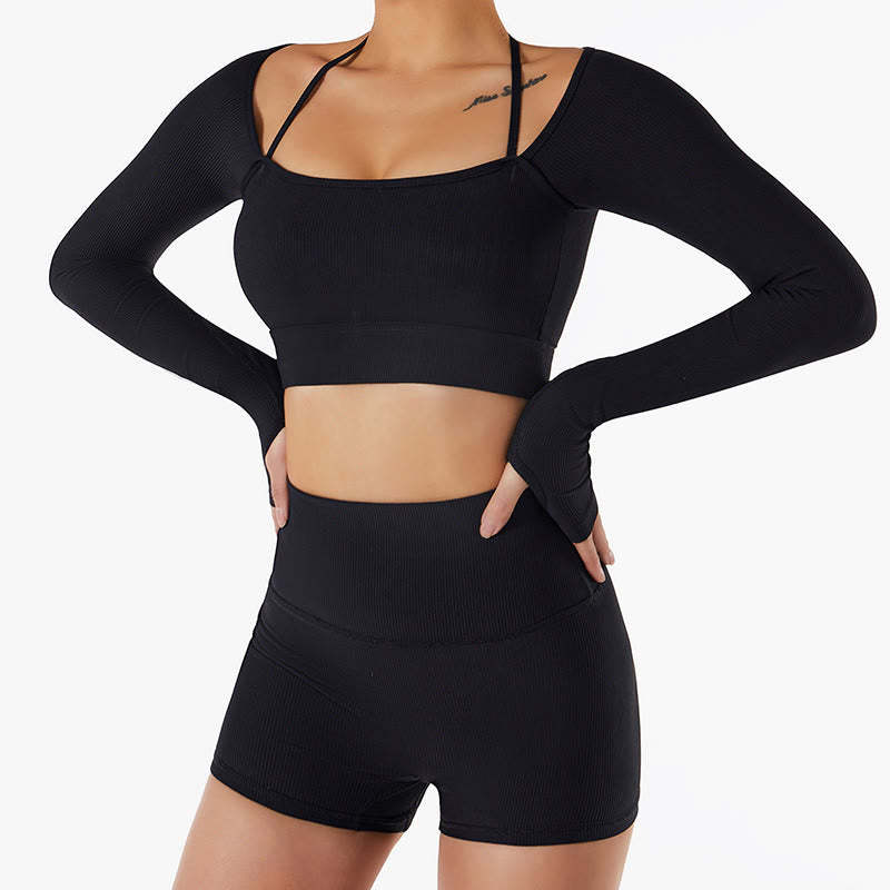 Ribbed Long Sleeve Crop Top T-shirt Shorts Sports Fitness Gym Yoga Outfits