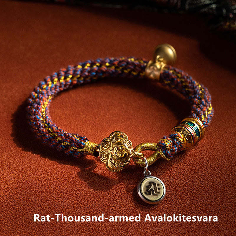 925 Sterling Silver Chinese Zodiac Natal mystic zen Om Mani Padme Hum Luck Bell Braided String Bracelet