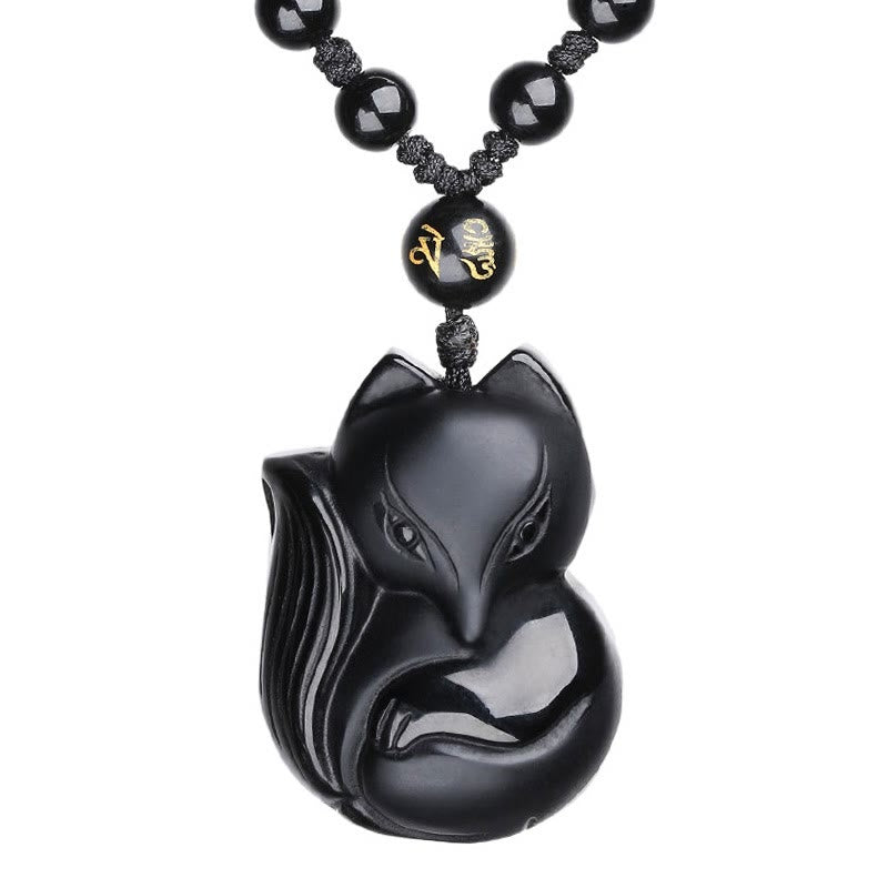Natural Black Obsidian Tiger Eye Ice Obsidian Fox Pendant Amulet Necklace