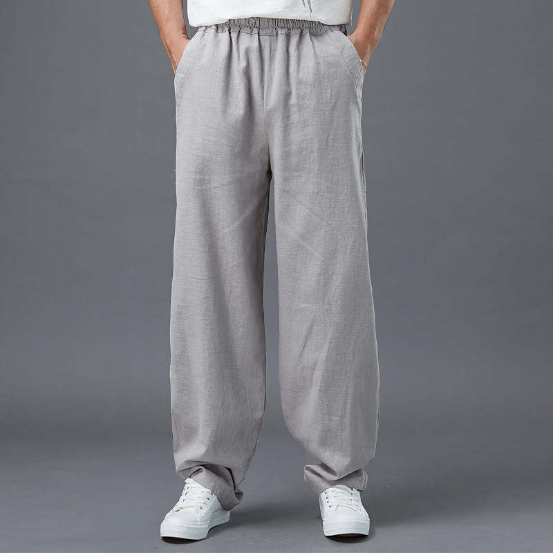 Plain Color Elastic Waist Ramie Linen Men's Pants With Pockets