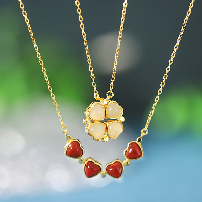 925 Sterling Silver Four Leaf Clover White Jade Red Agate Abundance Necklace Pendant
