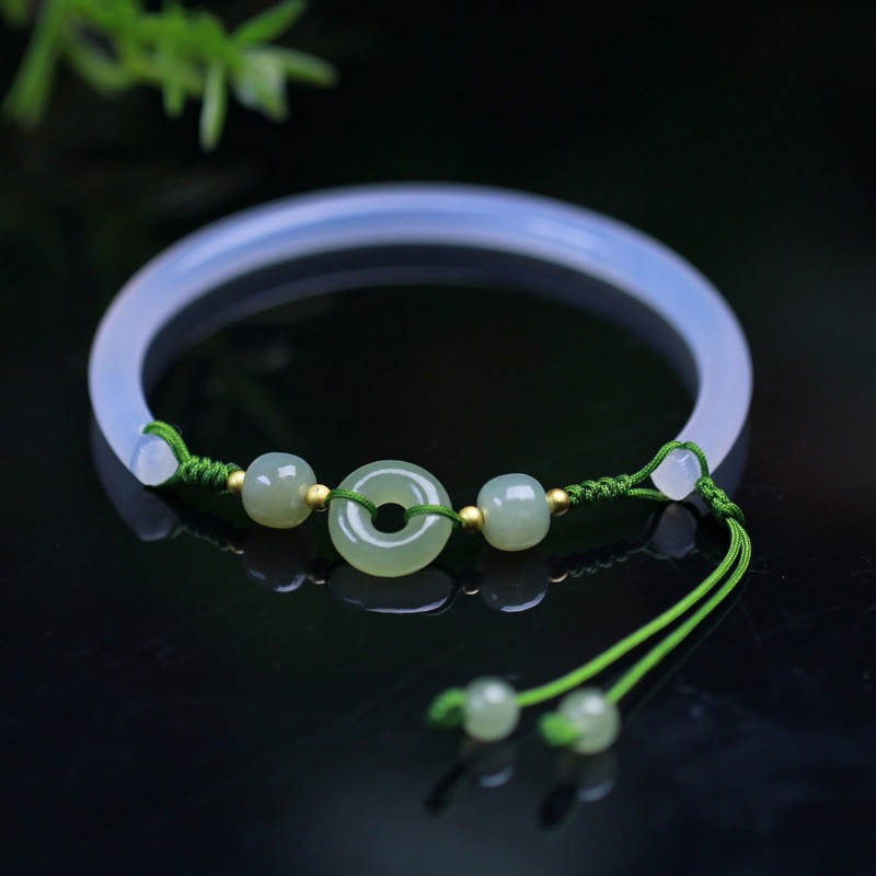 Natural White Agate Hetian Jade Beads Peace Buckle Positive Bracelet Bangle