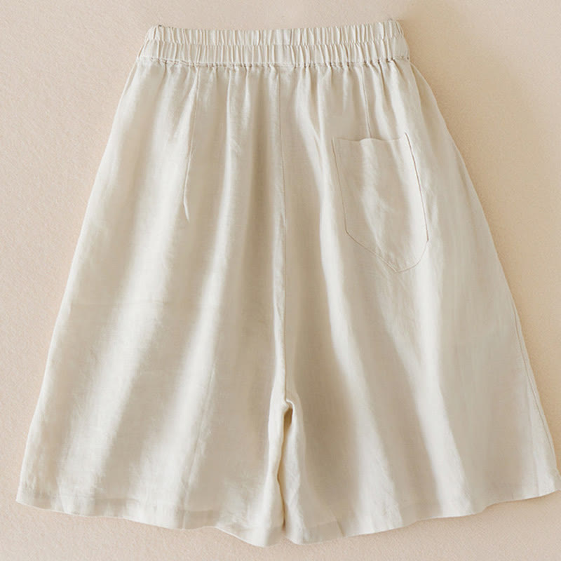 Casual Solid Plain Color Cotton Linen Women's Shorts With Pockets