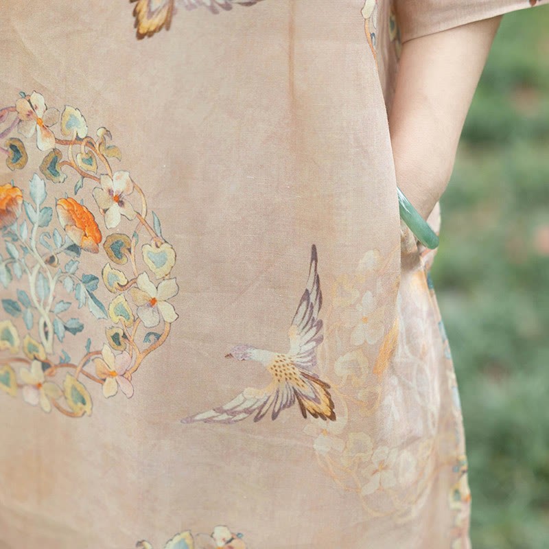 Orange Flower Bird Print Cheongsam Midi Dress Cotton Linen Half Sleeve Dress With Pockets