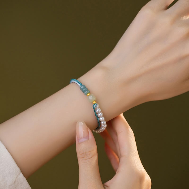 925 Sterling Silver Hetian Jade Braided Rope Pearl Abundance Bracelet