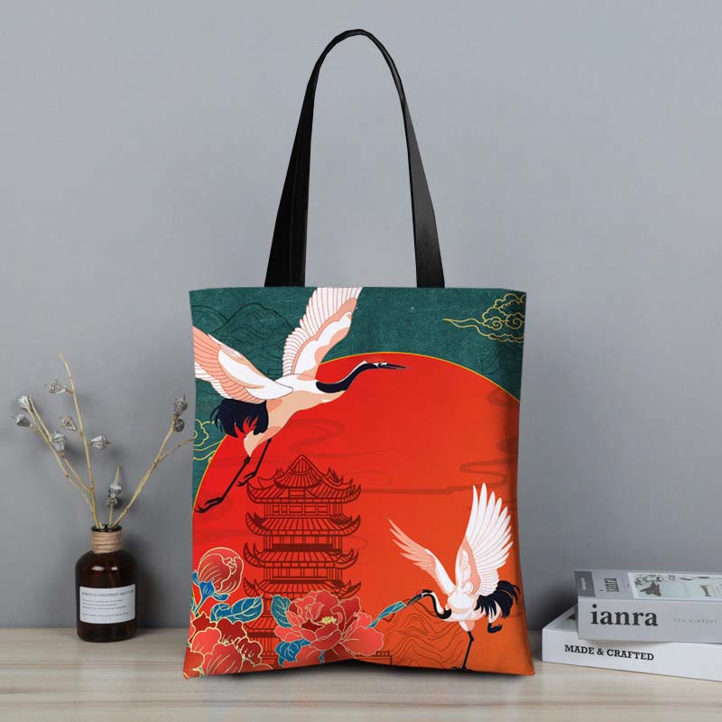Crane Peony Chinese Character Hua Dan Canvas Zipper Shoulder Bag