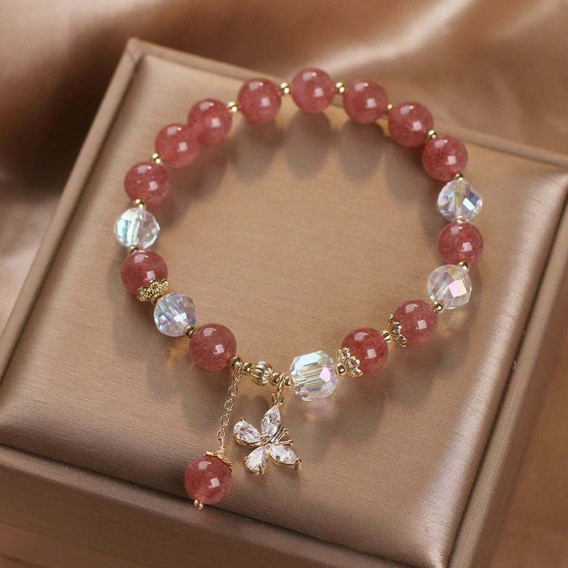 Natural Strawberry Quartz Love Healing Butterfly Charm Bracelet