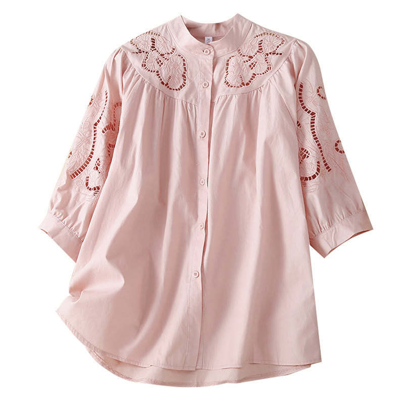 Casual Embroidery Flower Hole Design Three Quarter Sleeve Cotton Linen Women's Shirt