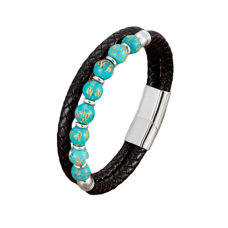 Black Onyx Turquoise Tiger Eye Red Agate Om Mani Padme Hum Strength Leather Bracelet