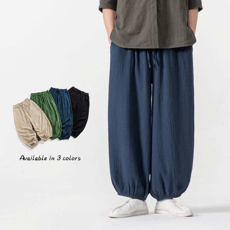 Soft Solid Color Drawstring Cotton Men's Pants With Pockets