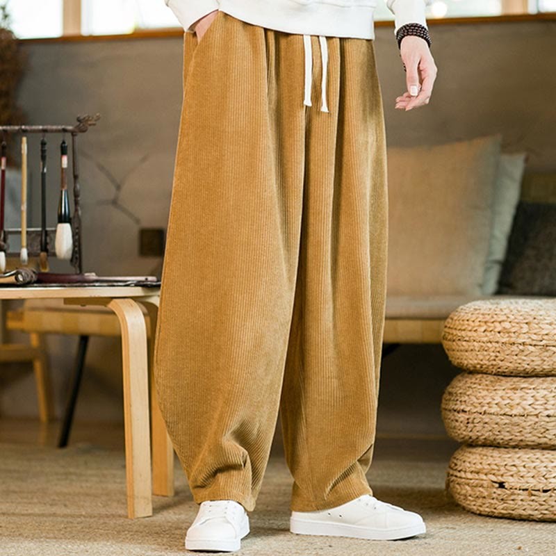 Fall Winter Men's Drawstring Corduroy Harem Pants With Pockets
