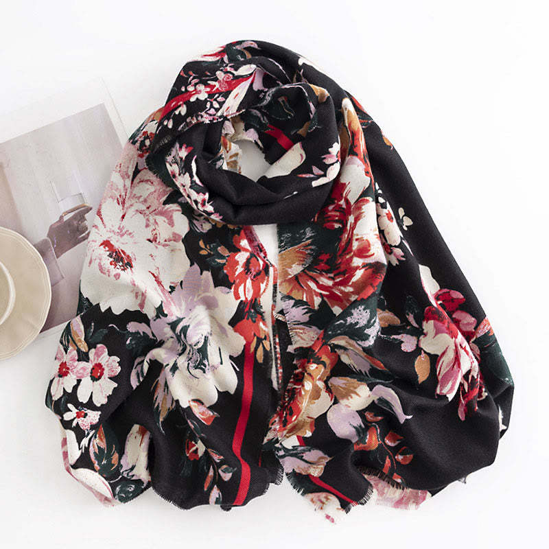 Tibetan Blooming Rose Peony Flower Print Shawl Fall Winter Cozy Warm Scarf Wrap