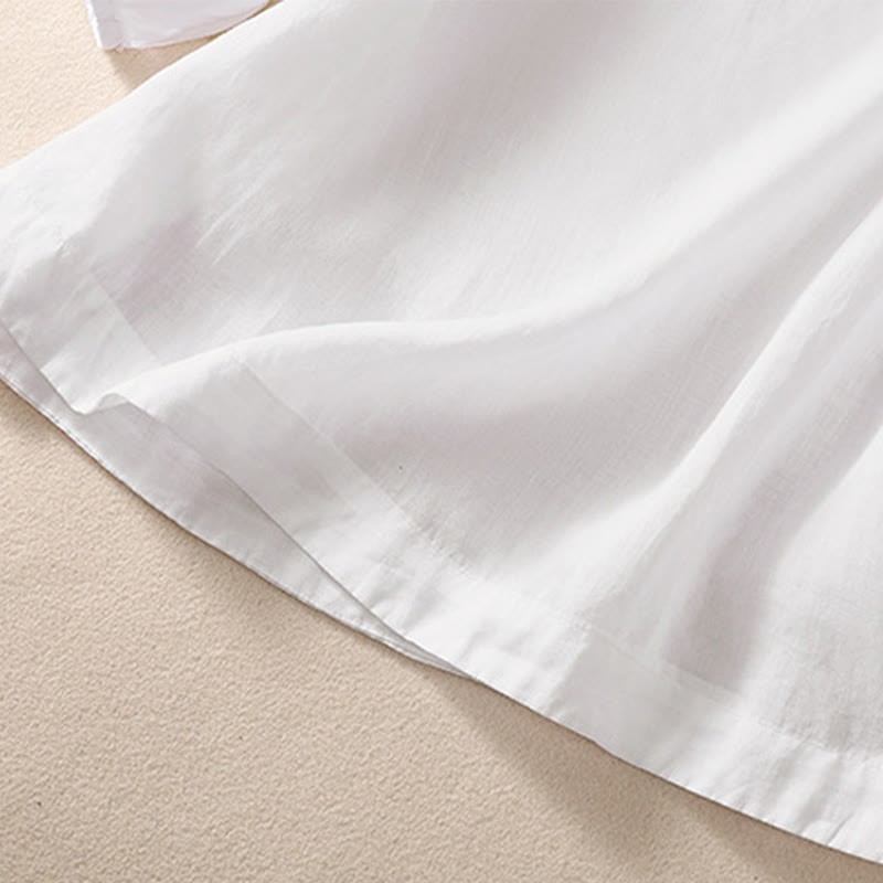 Casual Plain Button Floral Embroidered Design Puff Half Sleeve Cotton Linen Women's Shirt