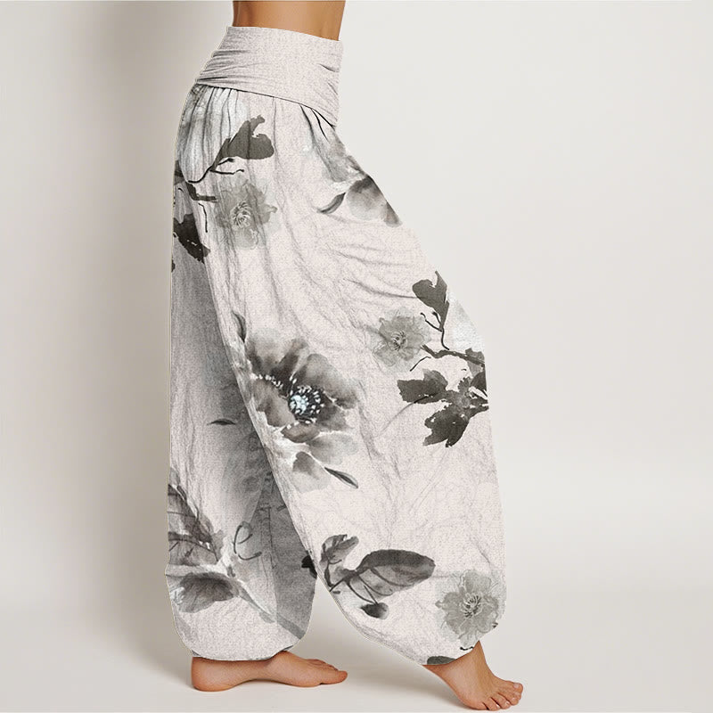 Folwers With Leaves Pattern Women's Elastic Waist Harem Pants