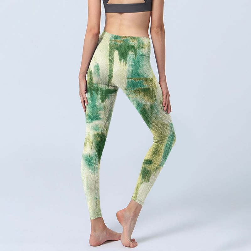 Beige Green Tie Dye Print Exercise Leggings Women's Yoga Pants