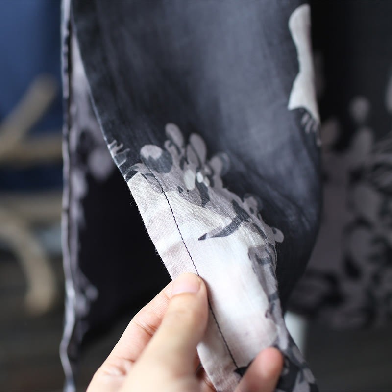 Ramie Linen Blue Flowers Leaves Cheongsam Dresses Short Sleeve Dress