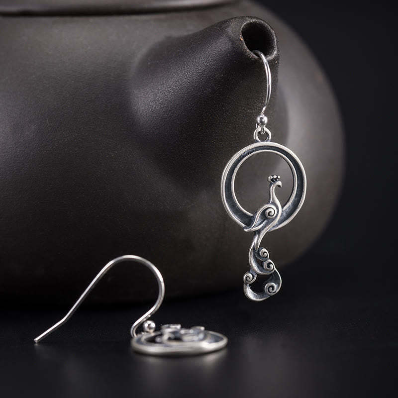 925 Sterling Silver Round Asymmetry Peacock Fortune Earrings