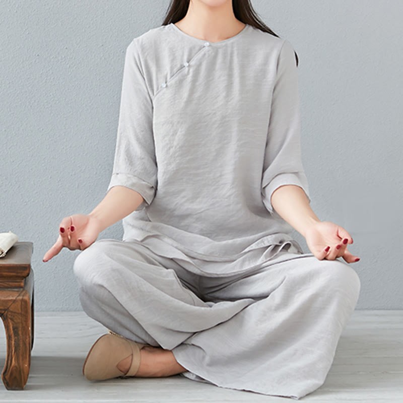 2Pcs Three Quarter Sleeve Long Sleeve Shirt Wide Leg Pants Meditation Cotton Linen Clothing Women's Set