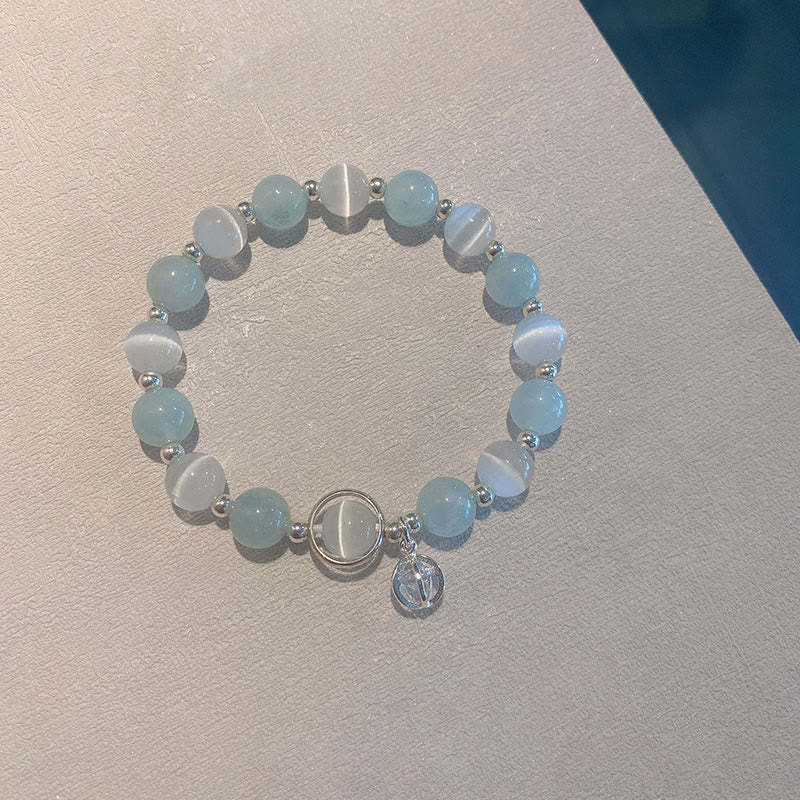 925 Sterling Silver Cat's Eye Aquamarine Support Charm Bracelet