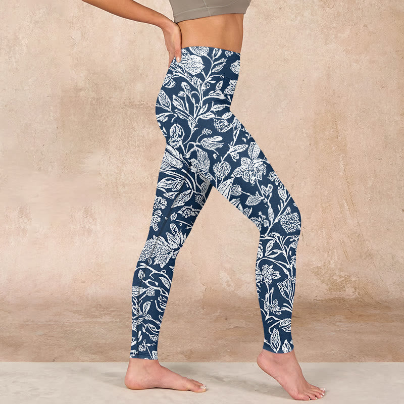 Dark Blue Flower Print Fitness Leggings Women's Yoga Pants