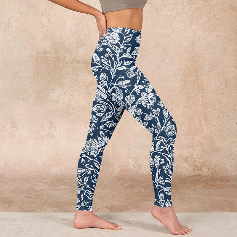 Dark Blue Flower Print Fitness Leggings Women's Yoga Pants