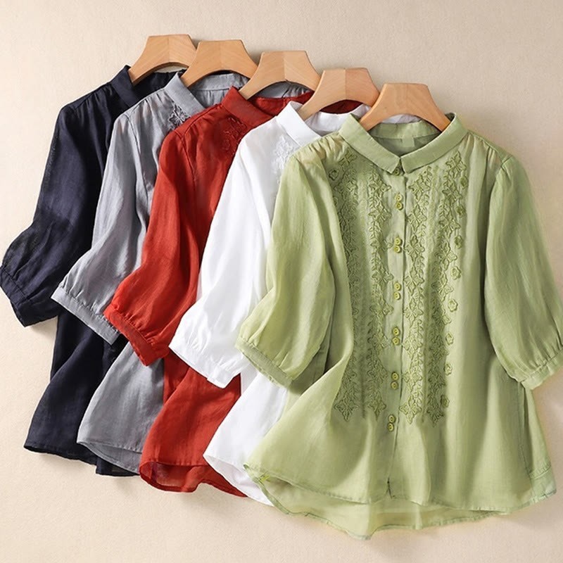 Summer Plain Button Embroidery Flower Pattern Three Quarter Sleeve Lapel Cotton Linen Women's Shirt