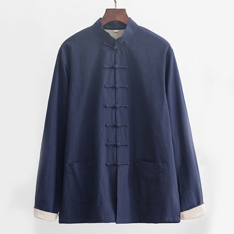 2Pcs Zen Tang Suit Men's Linen Frog-Button Long Sleeve Shirt Pants Set