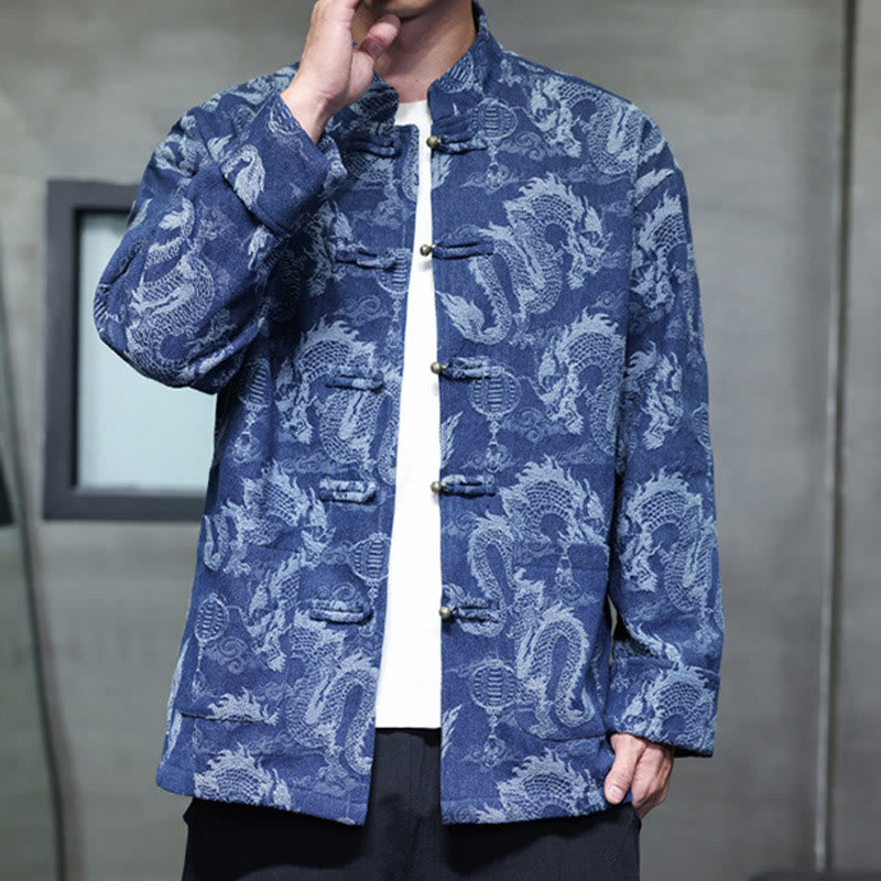 Chinese New Year Jacquard Embroidery Dragon Lantern Frog-button Tang Suit Cotton Men's Jacket Shirt With Pockets