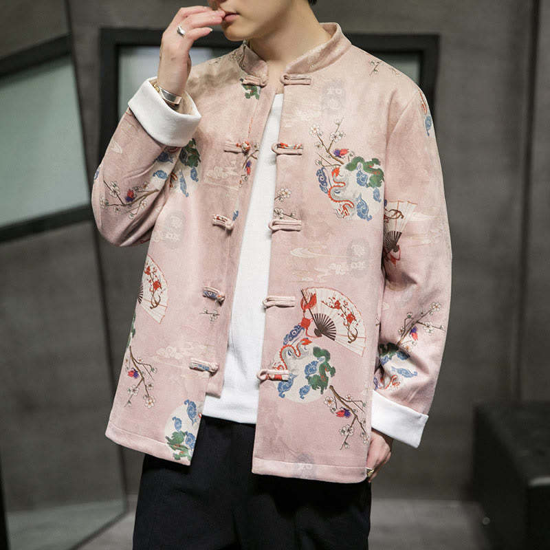 Chinese New Year Clothes Flowers Dragon Fan Auspicious Clouds Frog-button Tang Suit Cotton Men's Jacket Shirt
